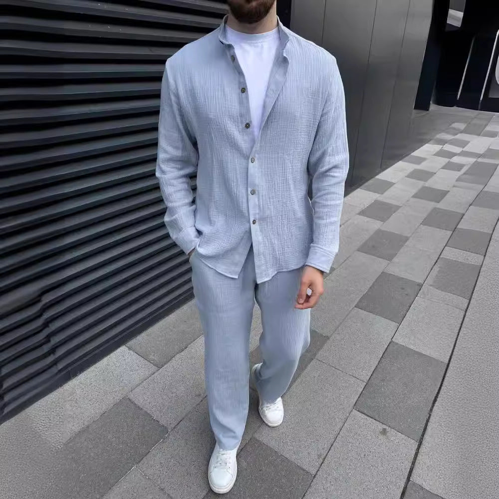 Men's Two-Piece Suit with Long-Sleeve Shirt and Cropped Pants – Coordinated Casual Set