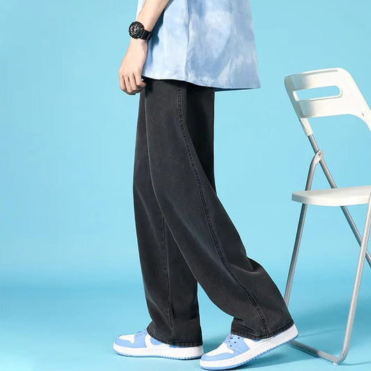 Herrejeans i denim med lige ben, loose fit, hiphop-stil cargo med lynlås