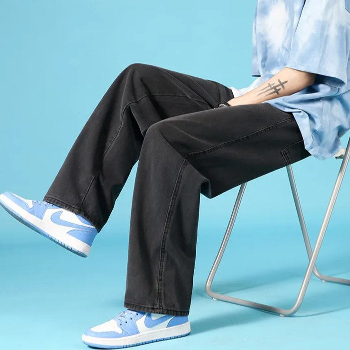 Herrejeans i denim med lige ben, loose fit, hiphop-stil cargo med lynlås