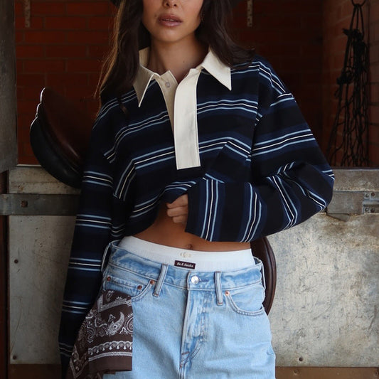 Top da Donna a Manica Lunga con Colletto Polo e Motivo a Righe