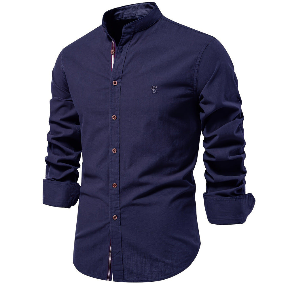 Camisa de verano para hombre de mezcla de algodón y lino, con cuello mao y mangas largas.