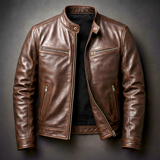 Men’s Vintage-Style Faux Leather Motorcycle Jacket with Stand-Up Collar, Front Zipper, and Long Sleeves.