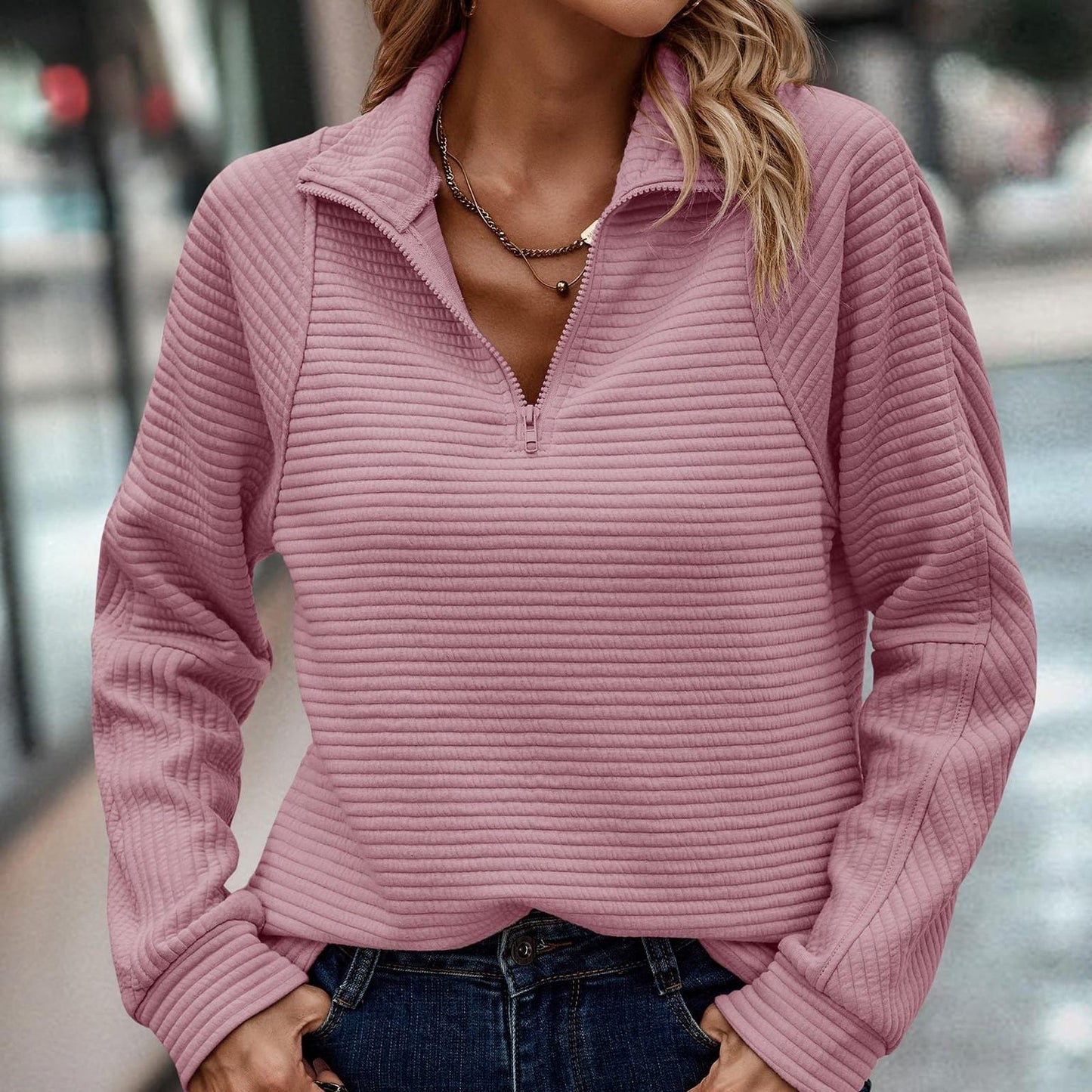 Women's Pullover Sweatshirt with High Neck Zip and Long Striped Sleeves