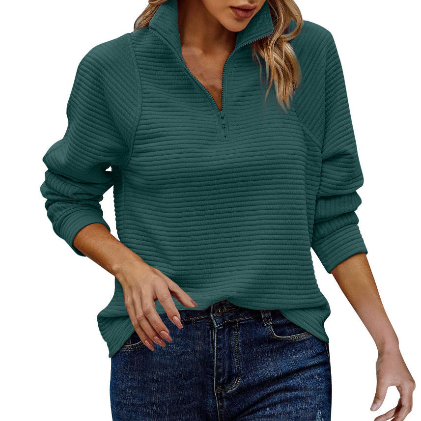 Women's Pullover Sweatshirt with High Neck Zip and Long Striped Sleeves