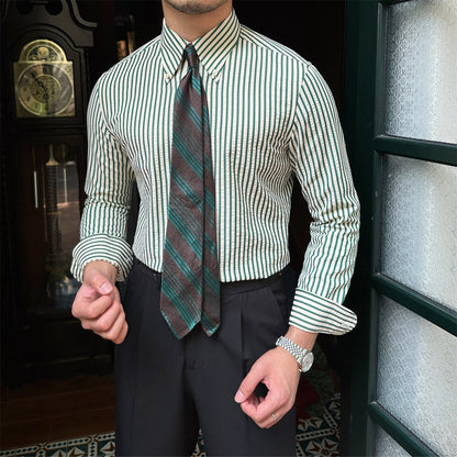 Men's Long Sleeve Shirt with Buckle Collar and Striped Pattern