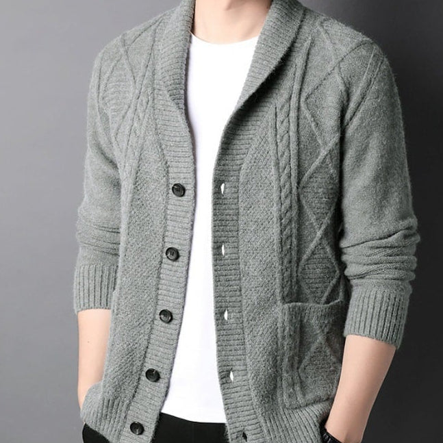 Men's Long Sleeve Cardigan with Notched Collar and Loose Fit