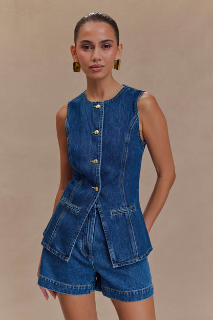 Women's Summer Two-Piece Denim Style Sleeveless Vest Set