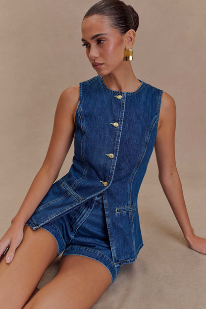 Women's Summer Two-Piece Denim Style Sleeveless Vest Set