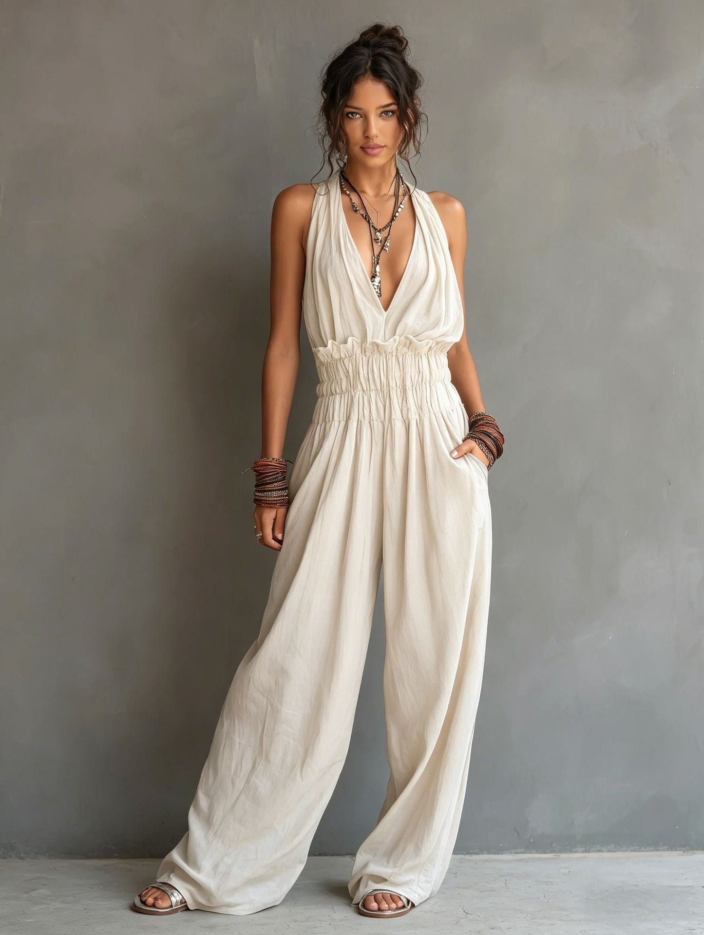 Women’s V-Neck Jumpsuit with Halter Neck and Wide-Leg Pants