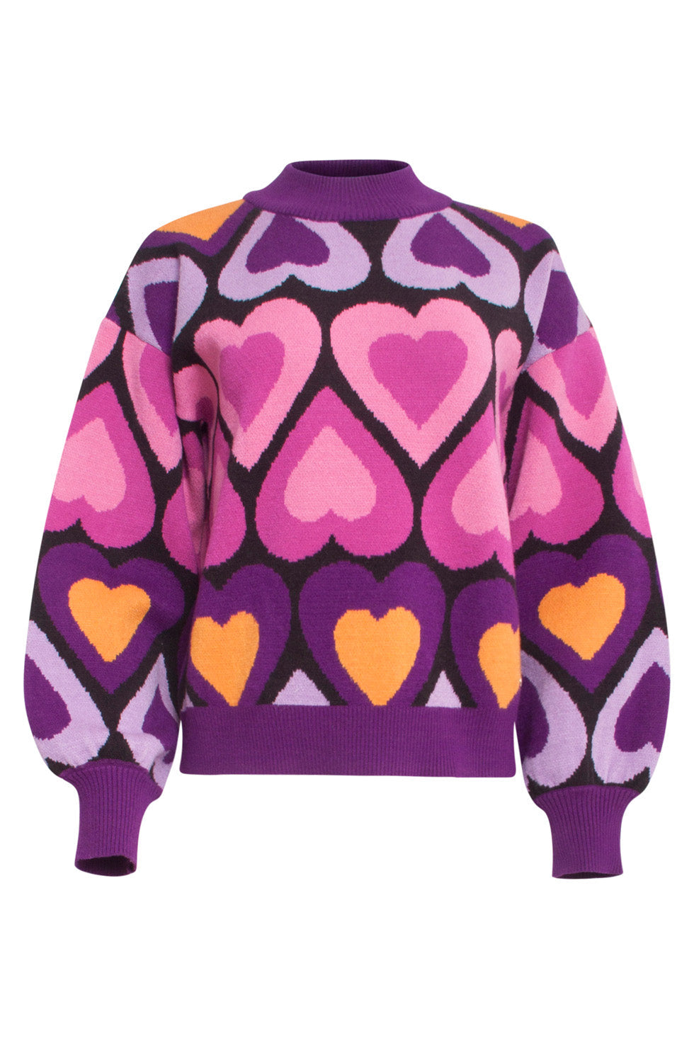 Oversize damebluse med hjerteprint og høj ribkrave