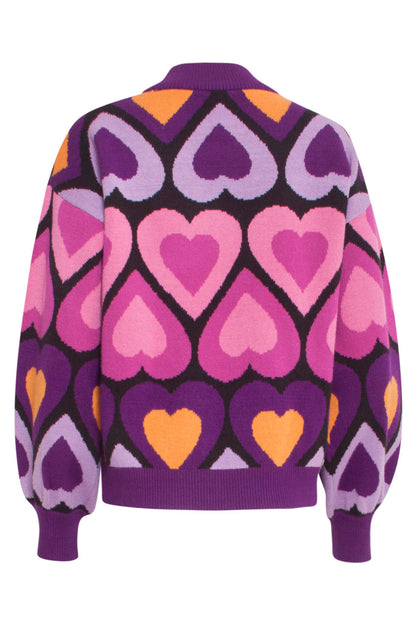 Oversize damebluse med hjerteprint og høj ribkrave