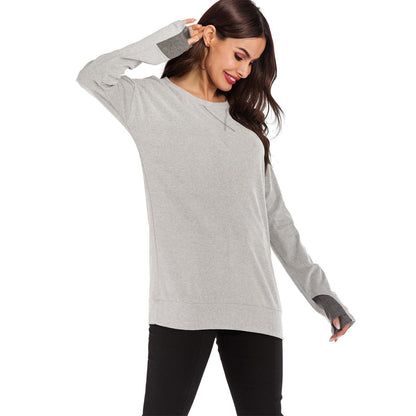 Jersey de mujer de manga larga con cuello redondo, ajuste holgado y color liso