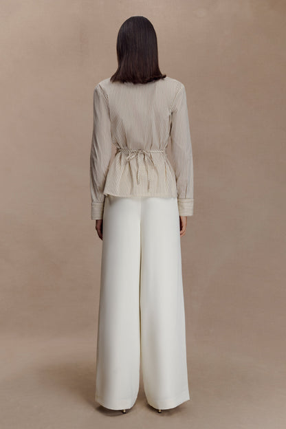 Camicia da Donna con Bottoni Beige a Righe Sottili, Nodo Posteriore e Vita Arricciata
