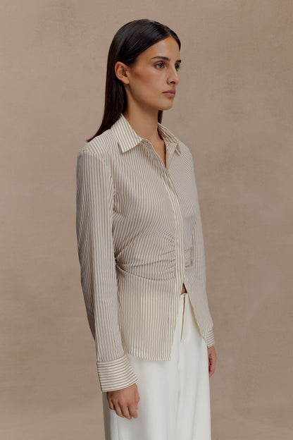Camicia da Donna con Bottoni Beige a Righe Sottili, Nodo Posteriore e Vita Arricciata