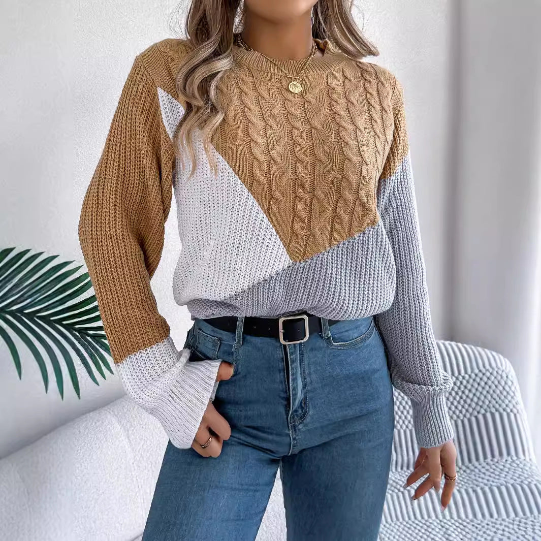 Dame langærmet sweater med twiststrik og kontrastdetaljer