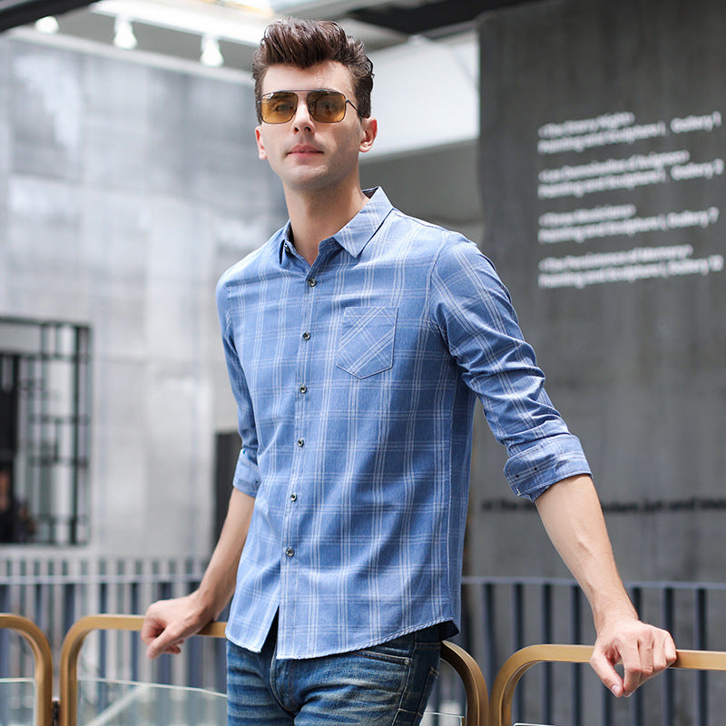 Camicia Uomo a Maniche Lunghe con Colletto a Revers e Motivo a Quadri – Vestibilità Dritta