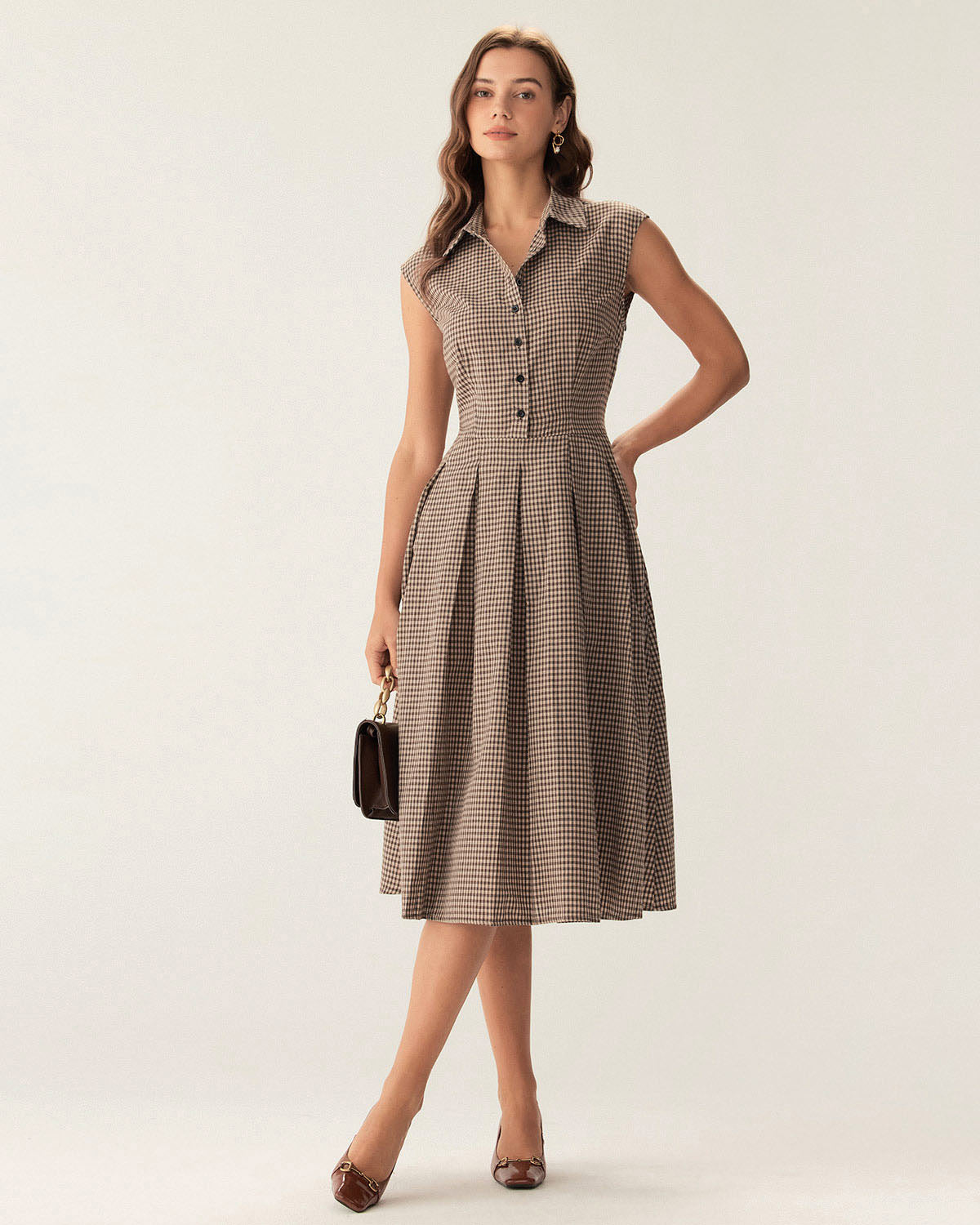 Abito Midi Donna a Quadri con Bottoni e Gonna Plissettata A-Linea