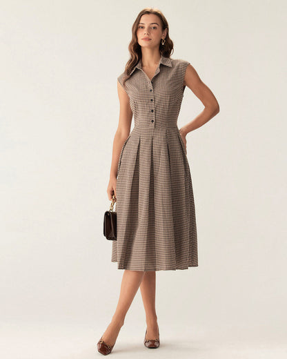 Abito Midi Donna a Quadri con Bottoni e Gonna Plissettata A-Linea