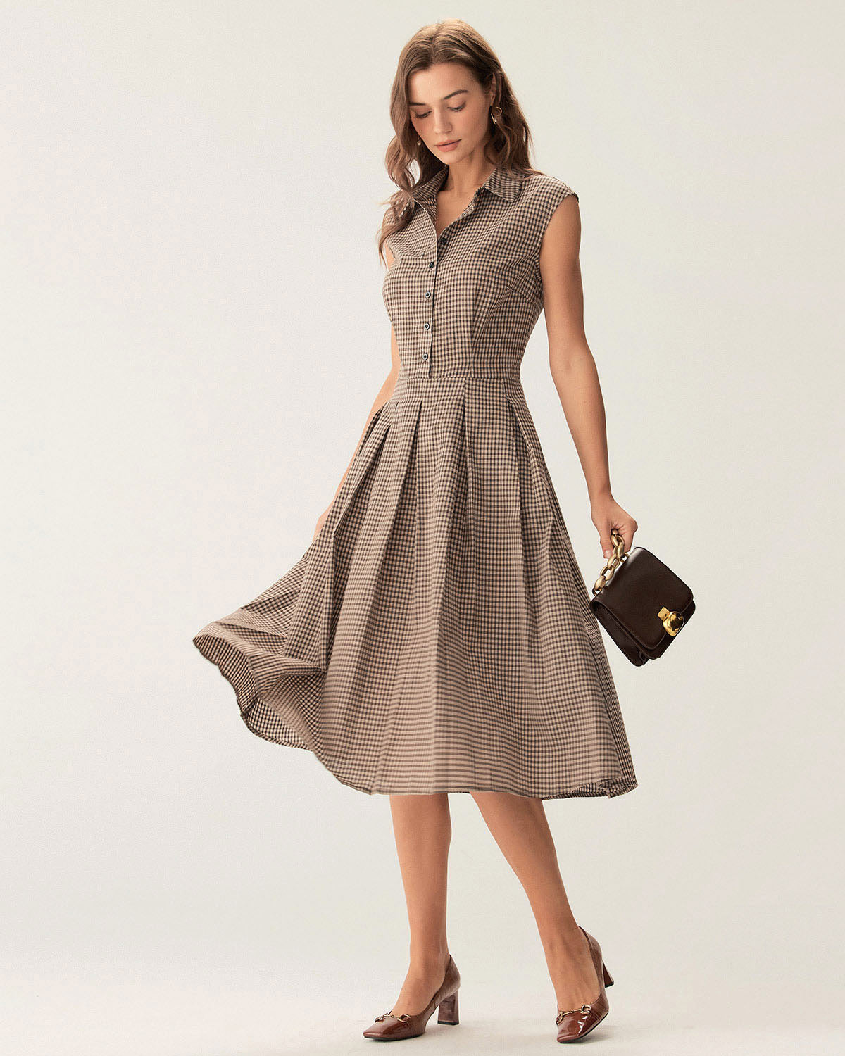 Abito Midi Donna a Quadri con Bottoni e Gonna Plissettata A-Linea