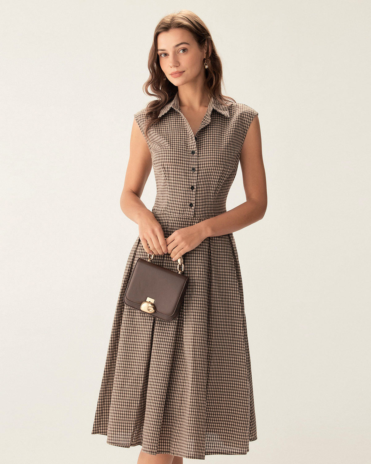 Abito Midi Donna a Quadri con Bottoni e Gonna Plissettata A-Linea