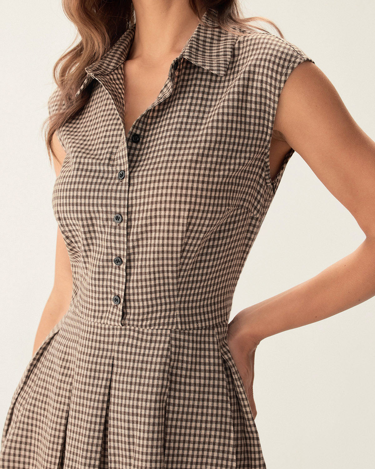 Abito Midi Donna a Quadri con Bottoni e Gonna Plissettata A-Linea