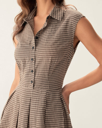 Abito Midi Donna a Quadri con Bottoni e Gonna Plissettata A-Linea