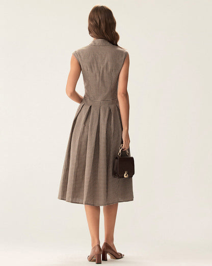 Abito Midi Donna a Quadri con Bottoni e Gonna Plissettata A-Linea