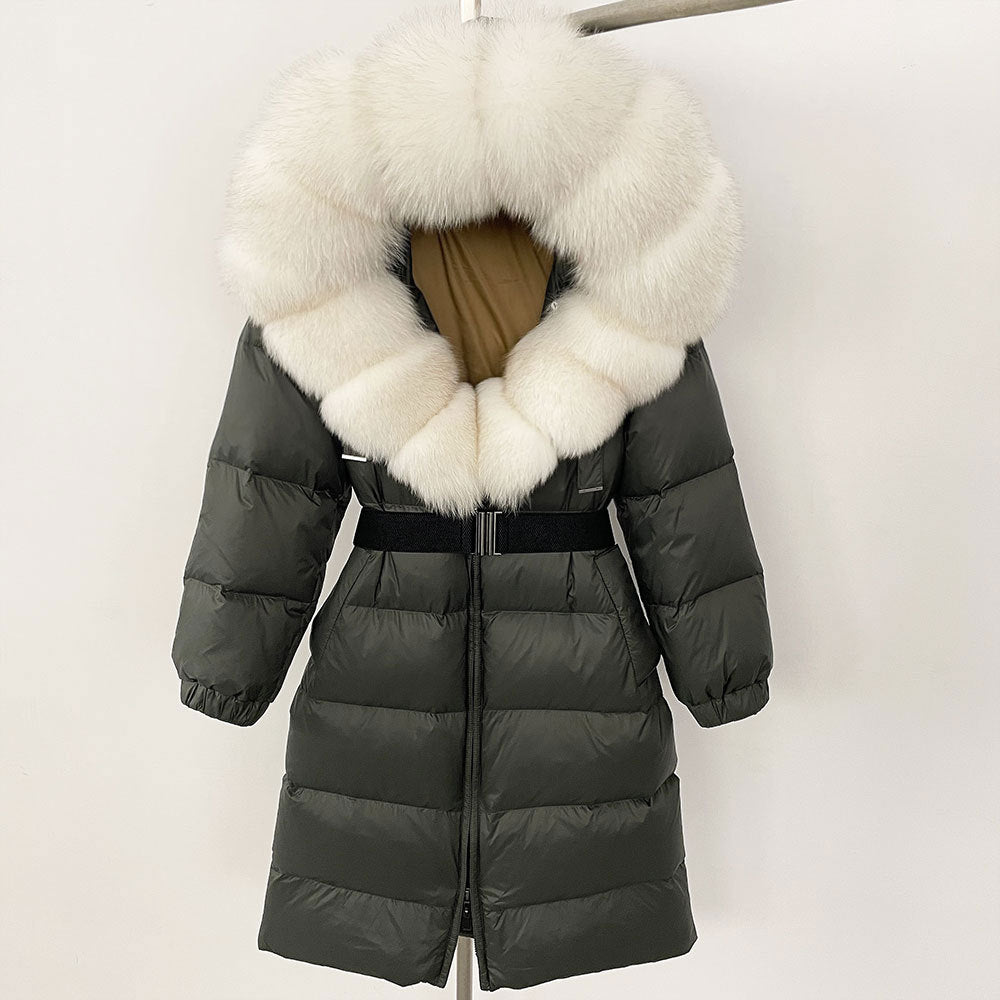 Women's Winter Coat with Long Hood and Removable Fur Collar