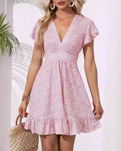 Women’s Floral Summer Mini Dress with V-Neck and Ruffle Sleeves