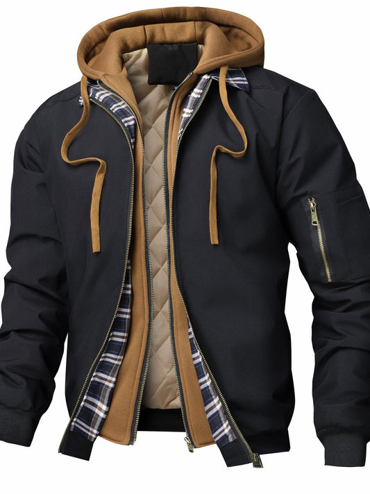 Men's Quilted Autumn Bomber Jacket with Hood and Front Closure