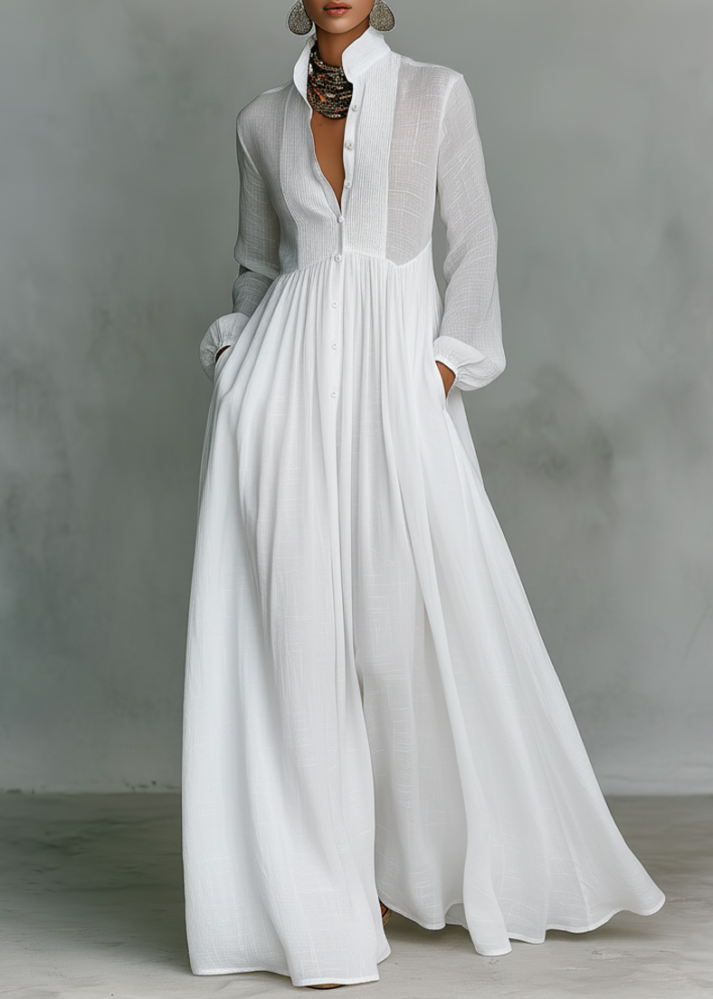 Vestido maxi de mujer primaveral patchwork con cuello alto, manga larga y botones frontales
