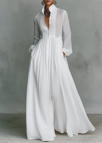 Vestido maxi de mujer primaveral patchwork con cuello alto, manga larga y botones frontales