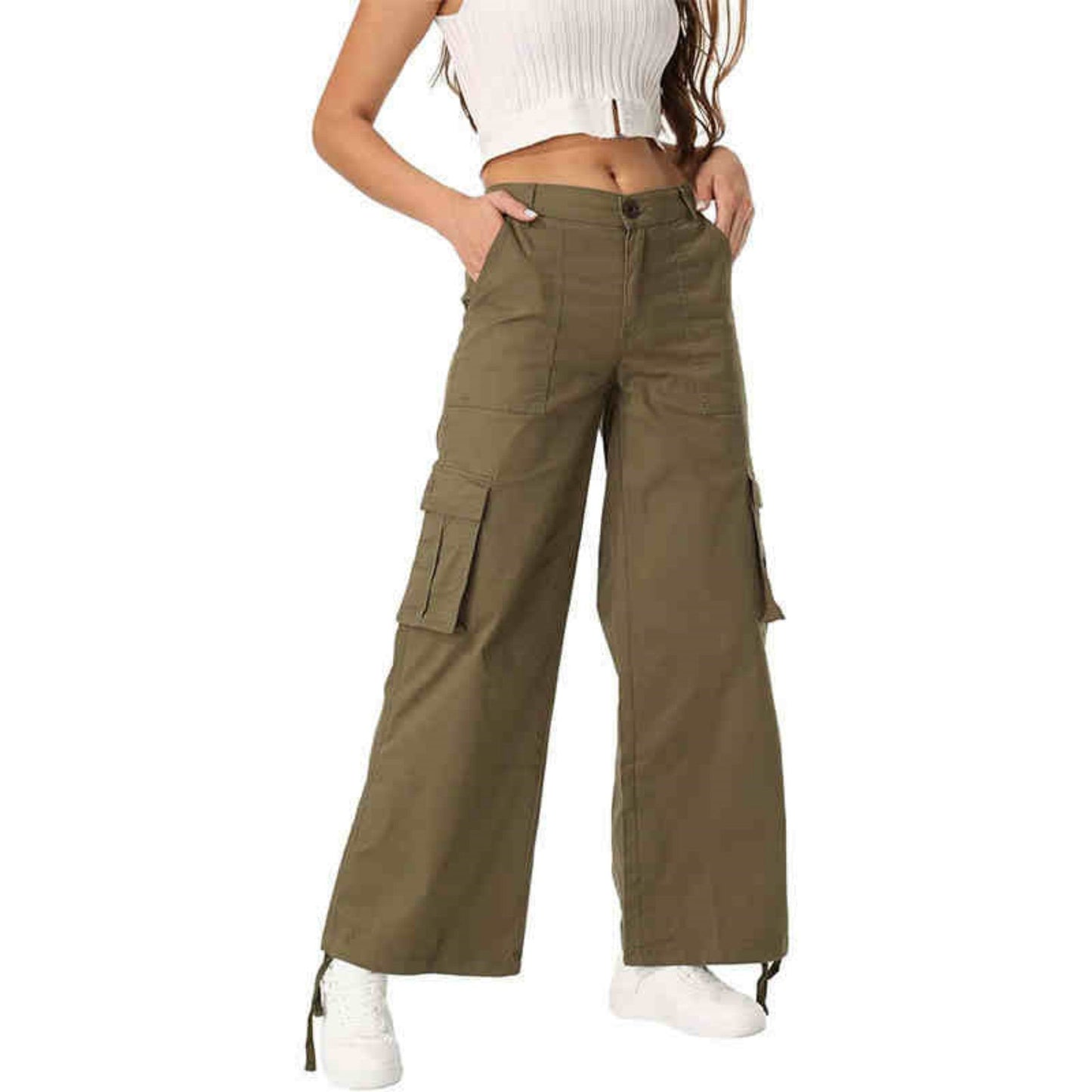 High-Waisted Women's Pants with Wide Legs and Side Pockets