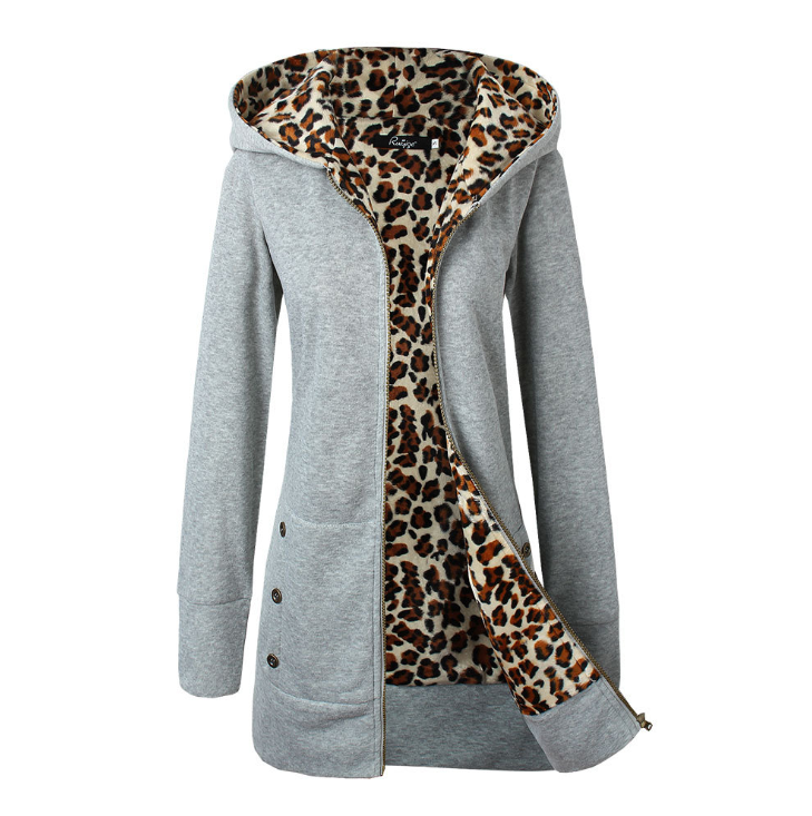 Chaqueta de invierno para mujer con capucha, estampado de leopardo y forro grueso