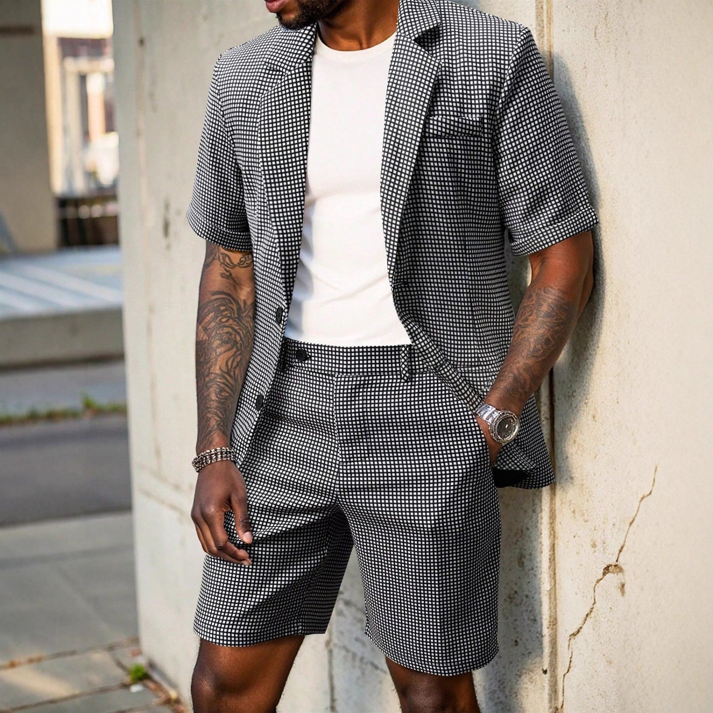 Men's Two-Piece Slim Fit Checked Suit – Business Casual Style