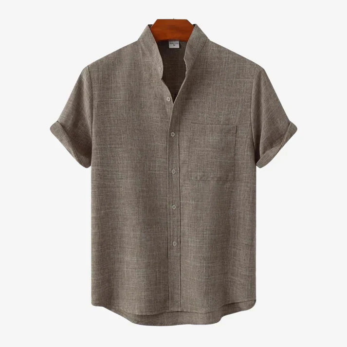 Camicia Estiva da Uomo in Misto Lino a Maniche Corte Senza Colletto con Bottoni