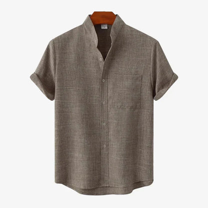 Camicia Estiva da Uomo in Misto Lino a Maniche Corte Senza Colletto con Bottoni