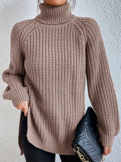 Maglione Donna con Collo Alto, Maniche Raglan e Spacco Laterale – Stile Versatile
