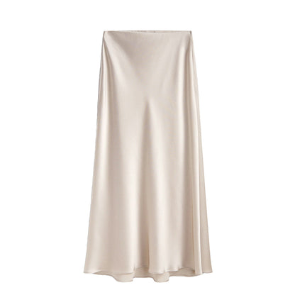 Women's Mid-Length High Waist Skirt with Slanted Slit and Elastic Waistband