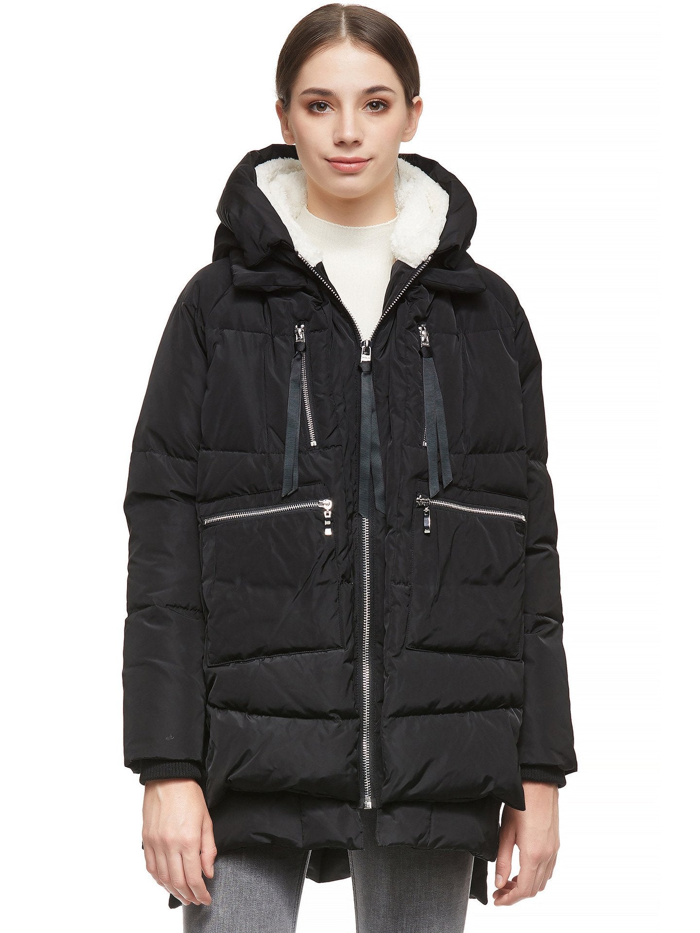 Women's Winter Down Jacket with Hood, Zip Closure, and Pockets