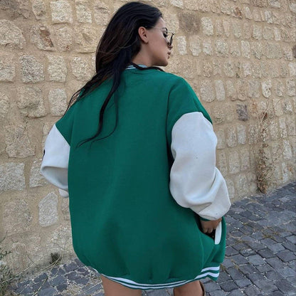 Chaqueta de mujer otoñal estilo béisbol con bordados y mangas largas