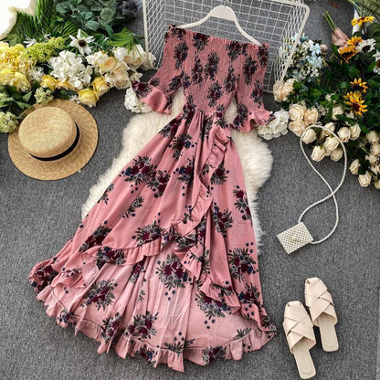 Abito Midi Donna con Spalle Scoperte, Maniche Corte e Volant – Stile Estivo