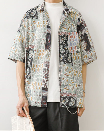 Camicia Estiva Uomo Stile Retrò con Stampa Floreale, Colletto Squadrato e Maniche Corte – Cotton Blend