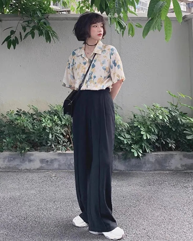 Pantaloni Donna Gamba Larga Vita Alta Design Morbido