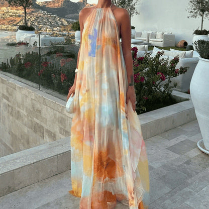 Women's Printed Summer Maxi Dress with Halter Neck and Open Back – Loose Summer Dress