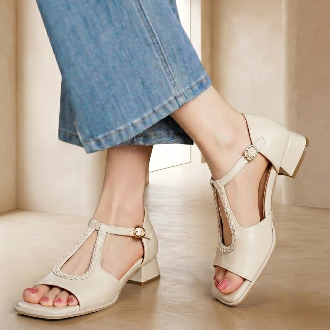 Women's Sandals with Wide Heel, Braided T-Strap and Padded Insole – Elegant Sandals