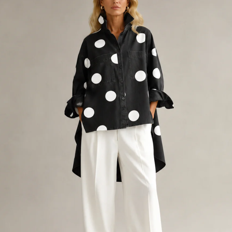Dame Denim Skjorte med Prikket Mønster og Knapper – Denim Stil