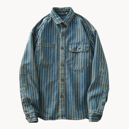 Men's Striped Denim-Style Shirt, Comfortable Fit, Button Closure and Chest Pocket.