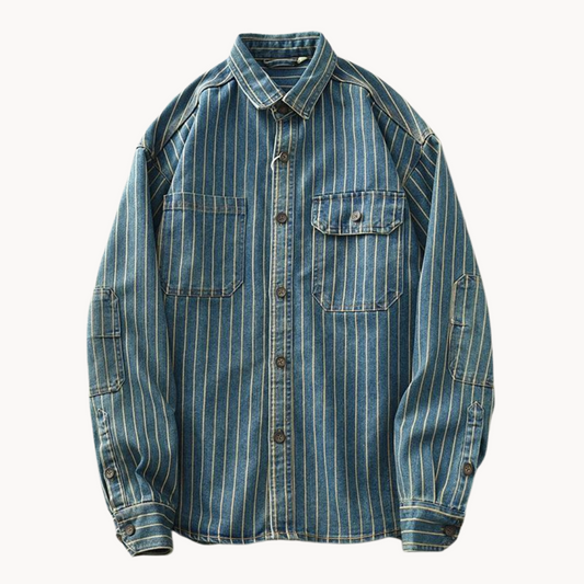 Men's Striped Denim-Style Shirt, Comfortable Fit, Button Closure and Chest Pocket.