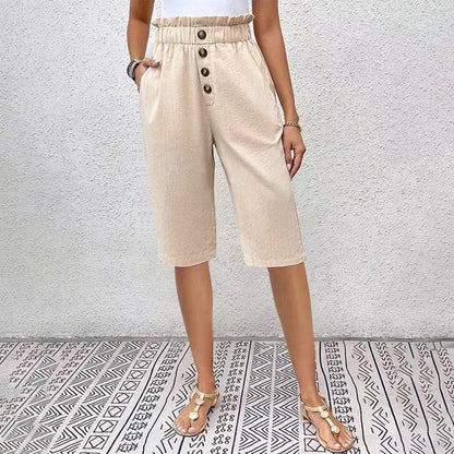 Pantaloncini Estivi Donna a Vita Alta con Tasche e Dettaglio Bottoni – Cotone Blend
